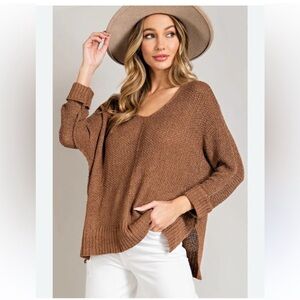 Oversized Brown Knit V- Neck Sweater